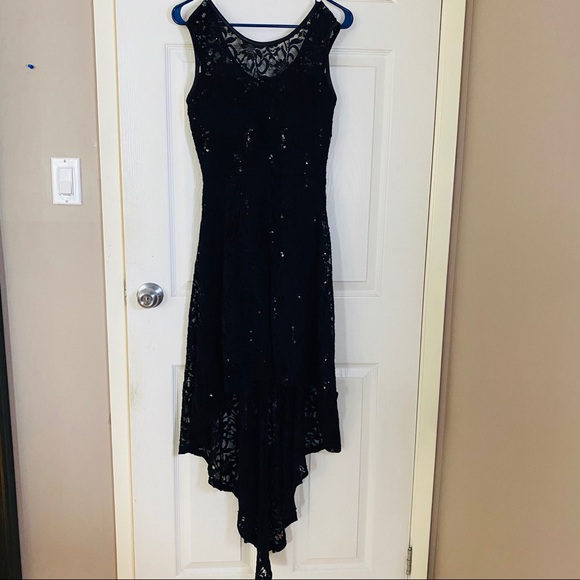 High Low Black Sequin Lace Party Dress - Picture 3 of 8